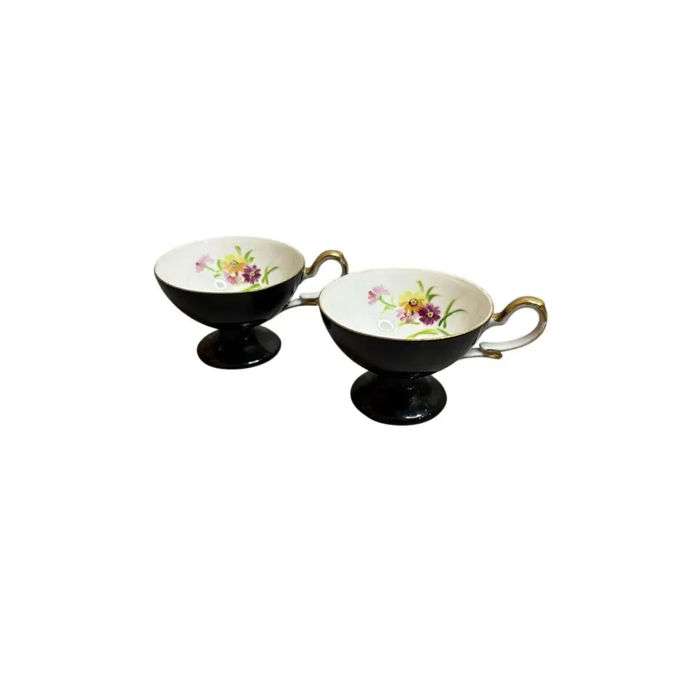 Unarco Occupied Japan Footed Tea Cups Pair Black Gold Floral Interior Vintage